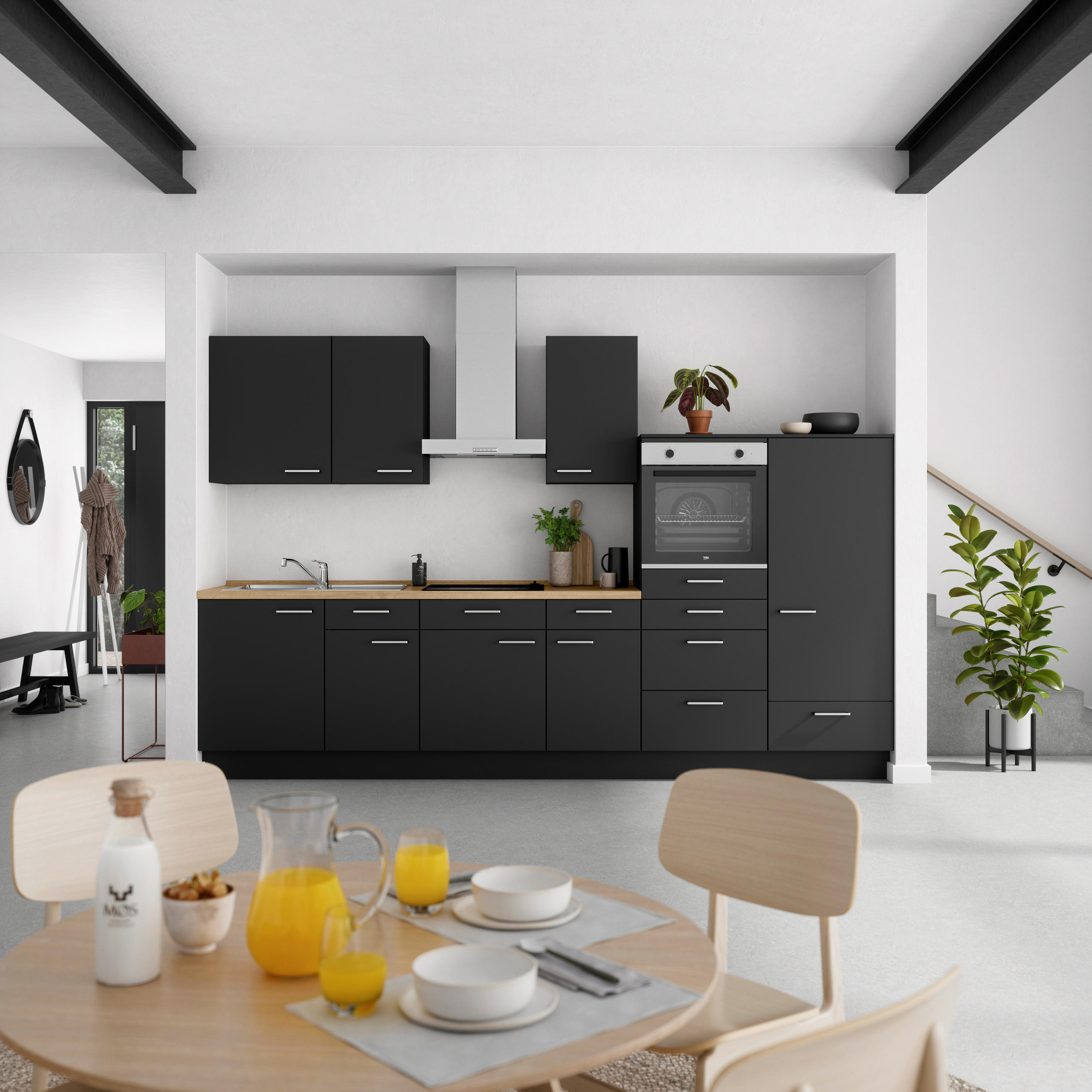 KÜCHENBLOCK 330 cm   in Schwarz, Eichefarben  - Edelstahlfarben/Eichefarben, MODERN, Holzwerkstoff/Metall (330cm) - Nobilia