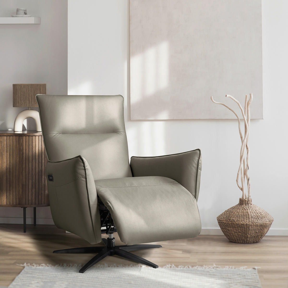 RELAXSESSEL Lederlook Relaxfunktion, Rücken echt    - Hellgrau/Schwarz, Design, Textil/Metall (77/107/88cm) - Livetastic