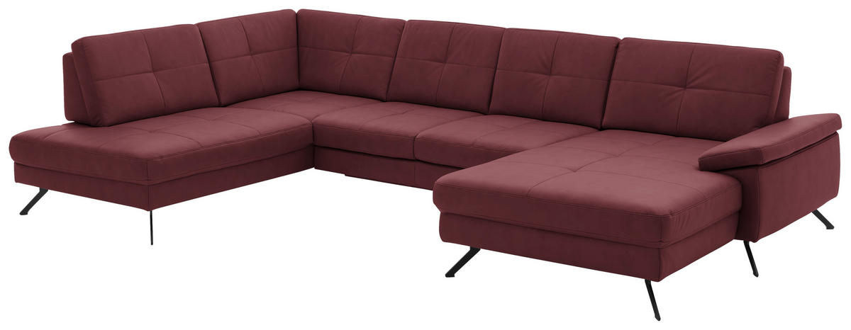 WOHNLANDSCHAFT in Lederlook, Mikrofaser Bordeaux  - Bordeaux/Schwarz, Design, Textil/Metall (220/345/179cm) - Beldomo System
