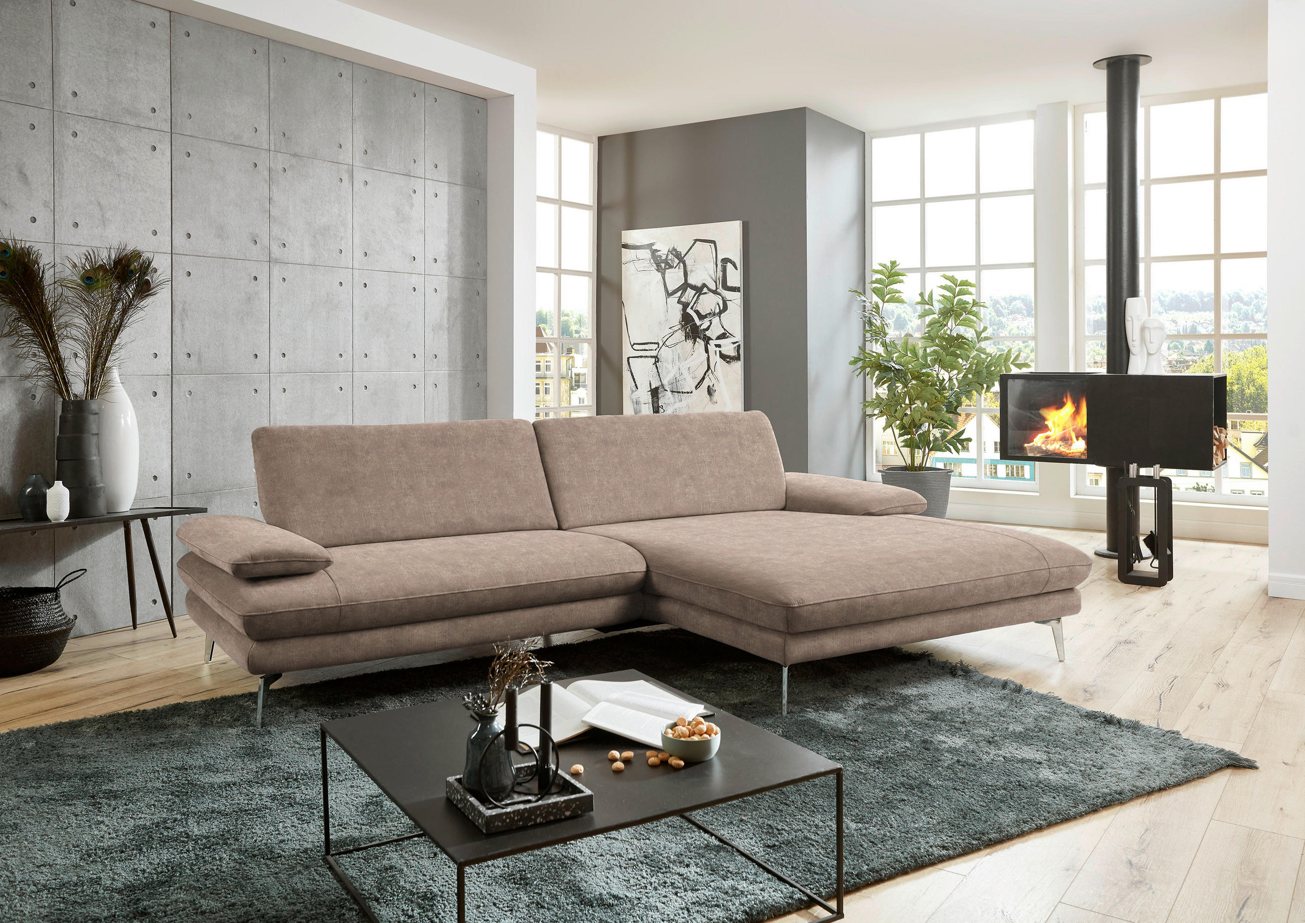 ECKSOFA in Velours Hellbraun  284/184 cm  - Hellbraun/Schwarz, Design, Textil/Metall (284/184cm) - Dieter Knoll