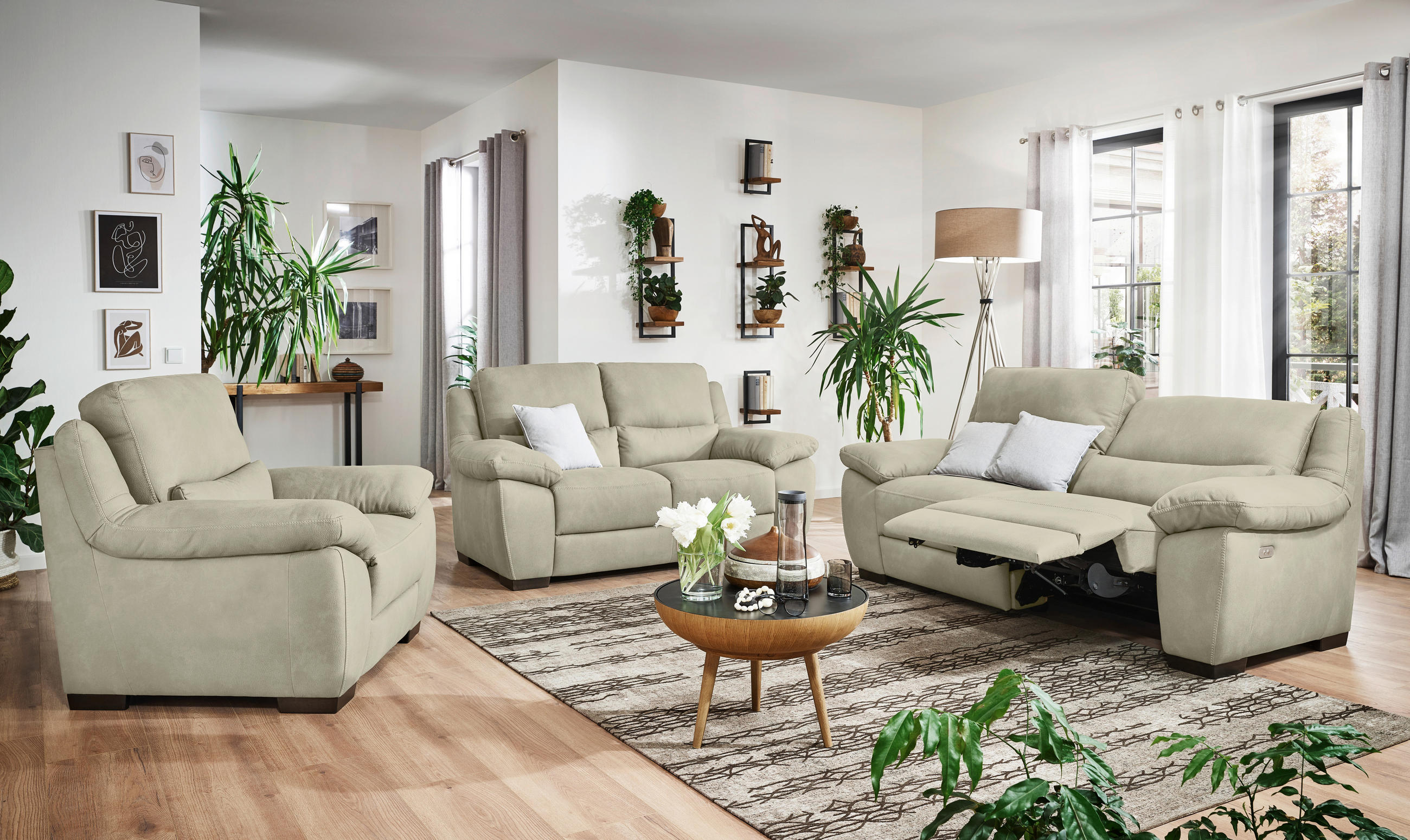2,5-SITZER mit elektr.Funktion in Webstoff Greige  - Wengefarben/Weiss, Konventionell, Holz/Textil (210/96/99cm) - Livetastic