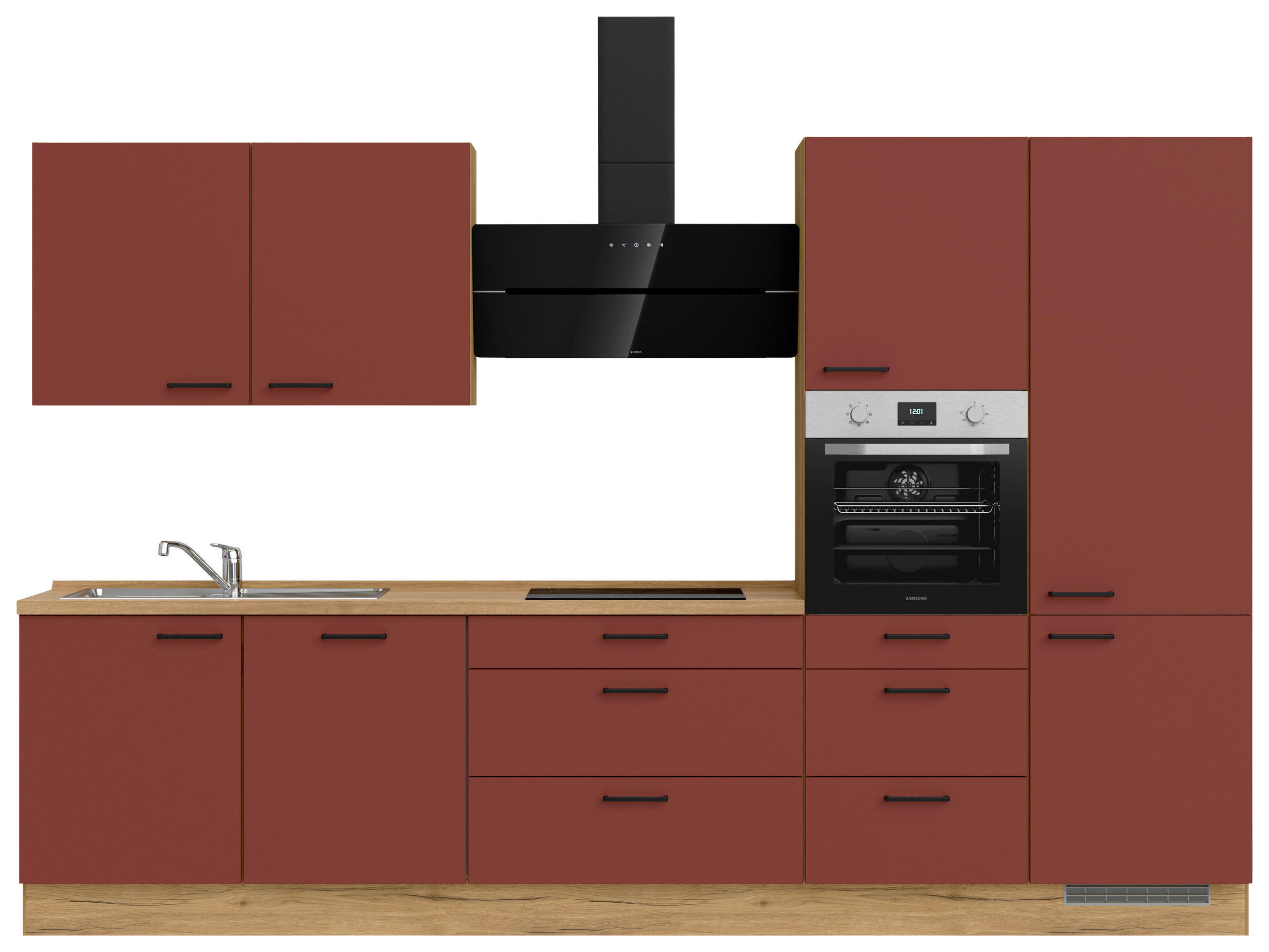 KÜCHENLEERBLOCK 330 cm   in Rot, Eichefarben  - Eichefarben/Rot, MODERN, Holzwerkstoff/Metall (330cm) - Nobilia