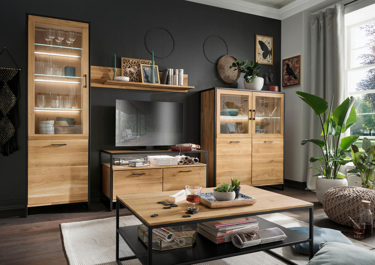 HIGHBOARD  in 115/138/39 cm  - Wildeiche/Schwarz, Design, Glas/Holz (115/138/39cm) - Linea Natura