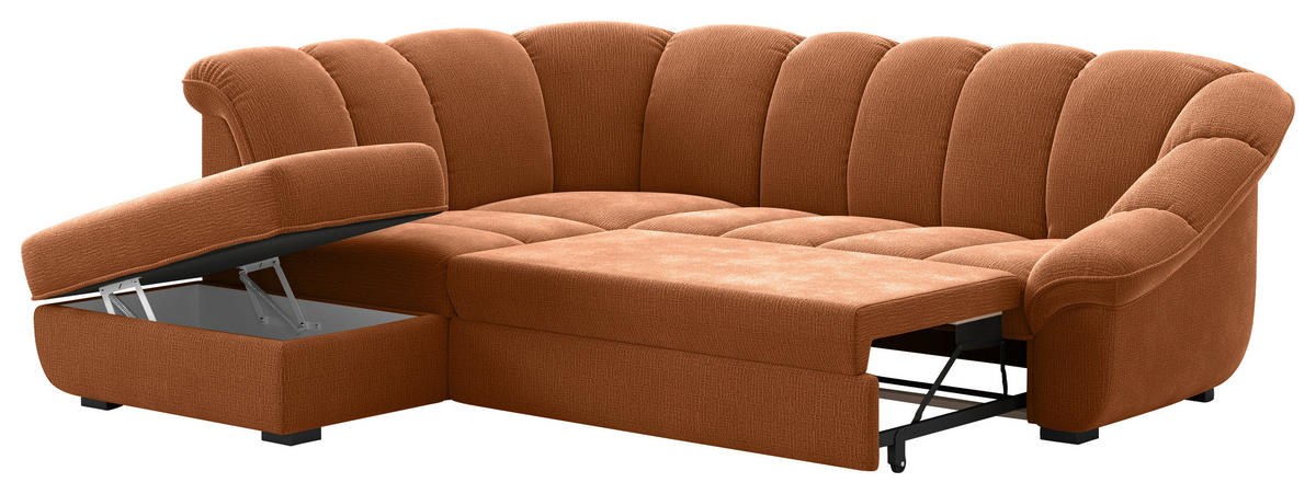 ECKSOFA Terracotta Chenille Bettkasten, Schlaffunktion, Rücken echt  - Terracotta/Schwarz, KONVENTIONELL, Kunststoff/Textil (222/260cm) - Welnova