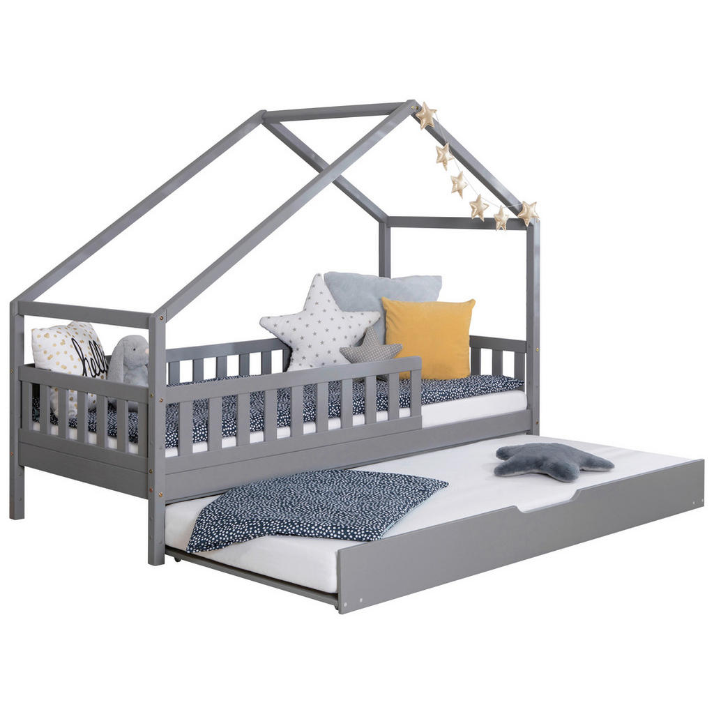 Thumbnail - Mid.you Hausbett, Hellgrau, Textil, Birke,Kiefer, Schichtholz,massiv, H2, Höhe ca. 16 cm, seitenverkehrt montierbar, 90x...