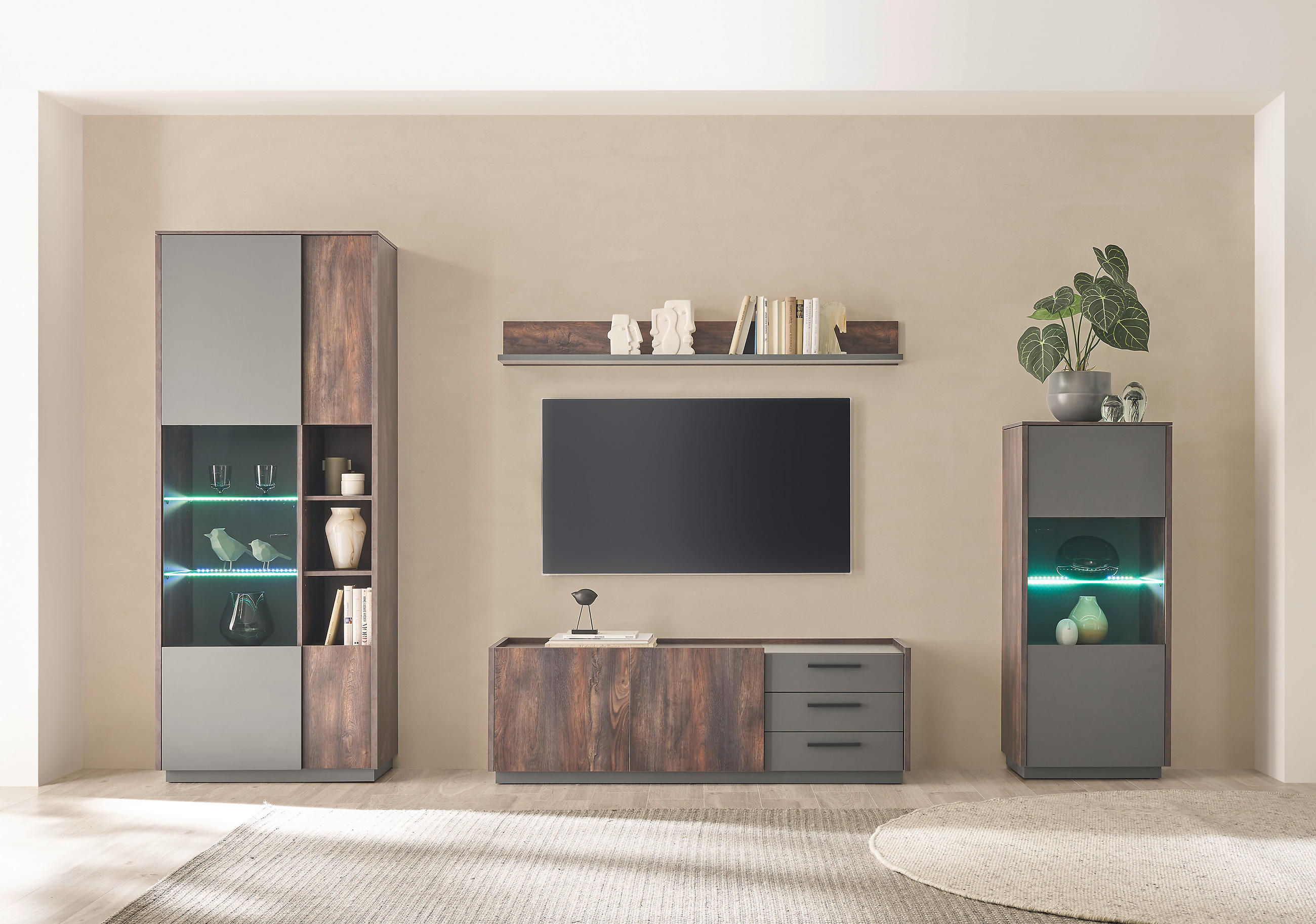 WOHNWAND 4-teilig  in Anthrazit, Eichefarben  327/200/45 cm  - Eichefarben/Anthrazit, Design, Glas/Holzwerkstoff (327/200/45cm) - MID.YOU