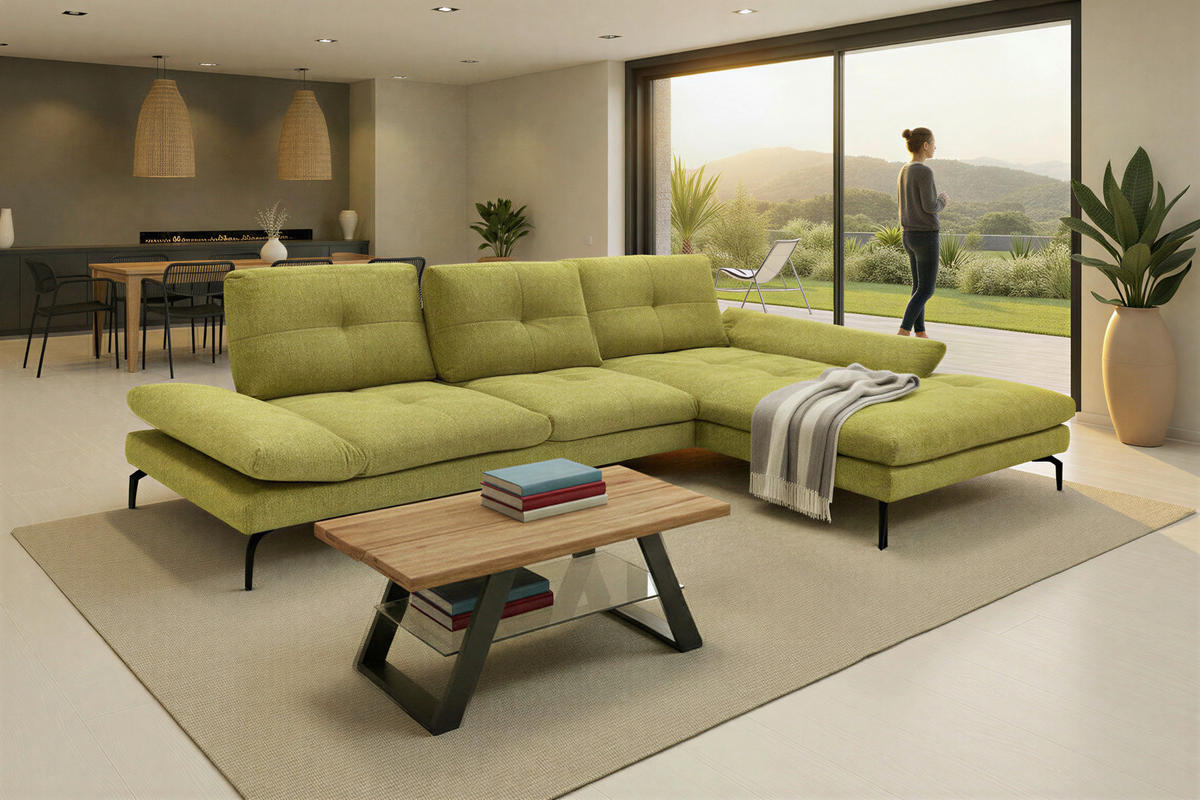 ECKSOFA Hellgelb Struktur Rücken echt, Armteilverstellung, Sitztiefenverstellung  - Hellgelb/Schwarz, Design, Textil/Metall (340/203cm) - Chilliano