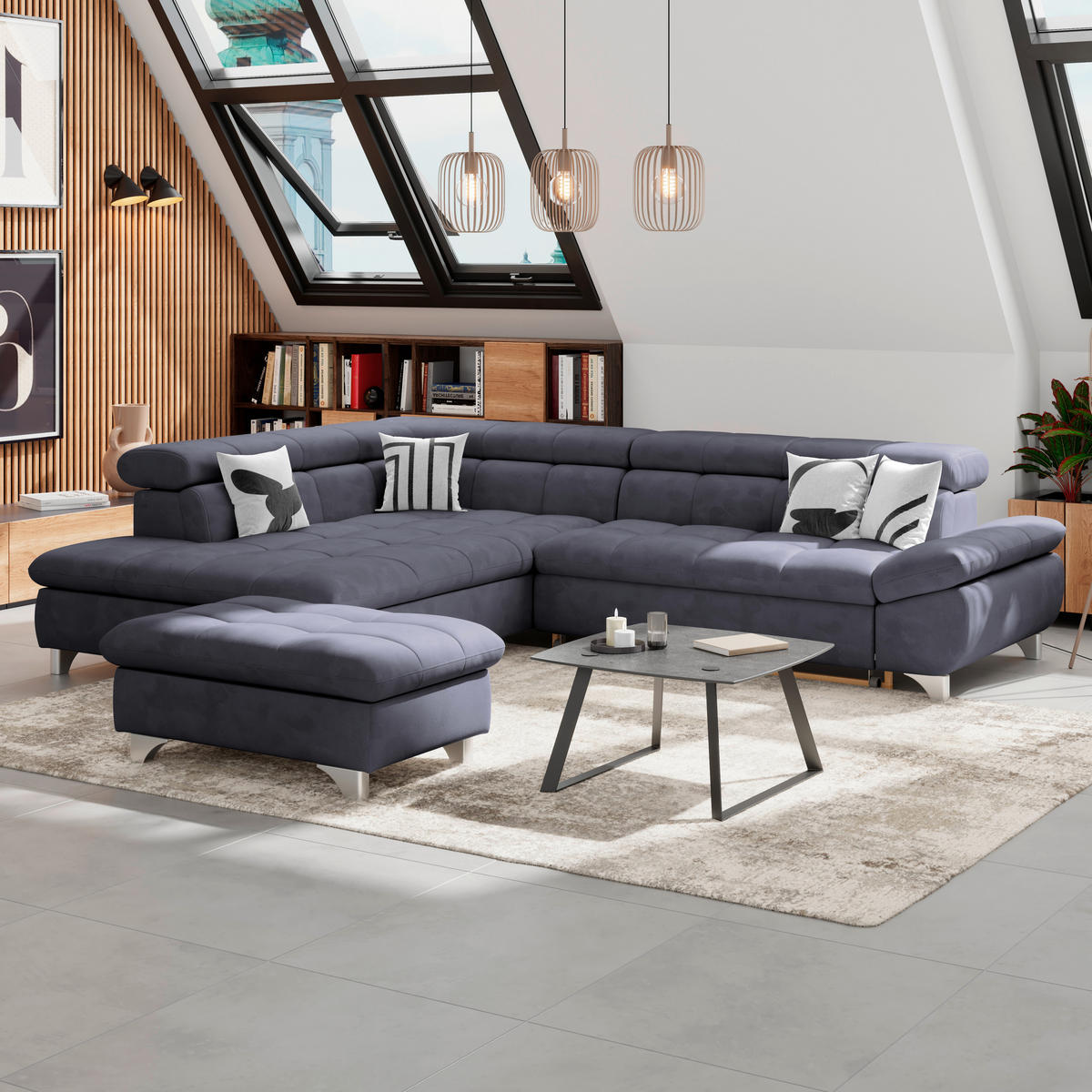 ECKSOFA Dunkelblau Chenille  - Chromfarben/Dunkelblau, KONVENTIONELL, Textil/Metall (234/312cm) - Livetastic