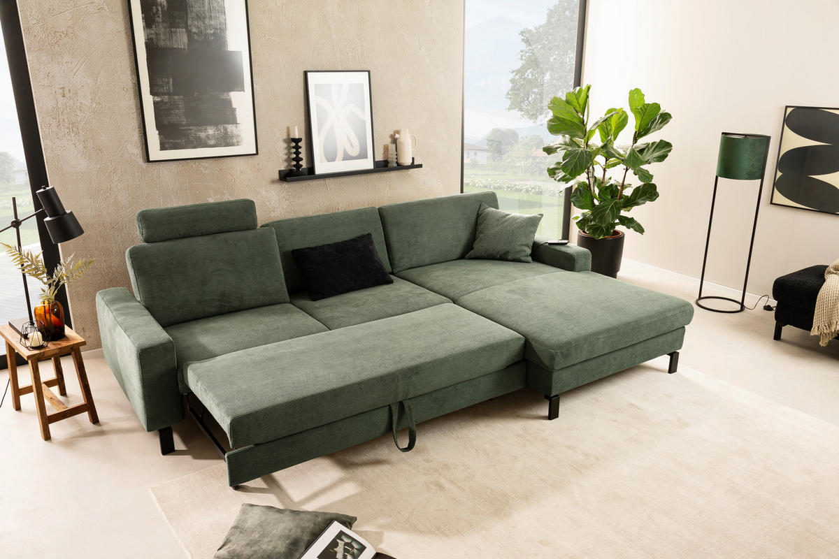 ECKSOFA in Cord Olivgrün  - Schwarz/Olivgrün, Design, Textil/Metall (298/185cm) - Pure Home Lifestyle