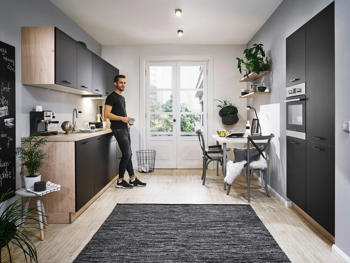 KÜCHENLEERBLOCK  305/120 cm  in Schwarz, Eichefarben  - Eichefarben/Schwarz, MODERN, Holzwerkstoff/Metall (305/120cm) - Welnova