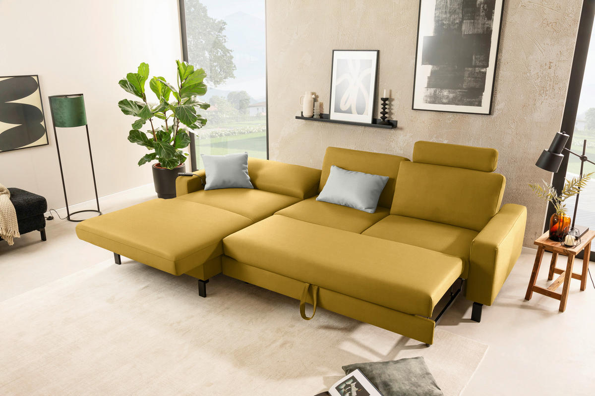 ECKSOFA  in Cord Goldfarben Rücken echt, Sitztiefenverstellung  185/298 cm  - Goldfarben/Schwarz, Design, Textil/Metall (185/298cm) - Pure Home Lifestyle