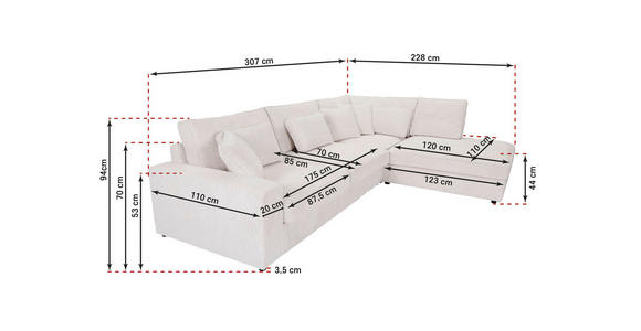 ECKSOFA Naturfarben Cord Zierkissen, Rückenkissen, Rücken echt  - Schwarz/Naturfarben, MODERN, Kunststoff/Textil (307/228cm) - Carryhome