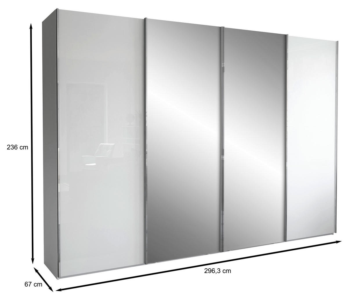 SCHWEBETÜRENSCHRANK 300/236/67 cm 4-türig Grau, Weiß  - Chromfarben/Weiß, KONVENTIONELL, Glas/Holzwerkstoff (300/236/67cm) - Dieter Knoll