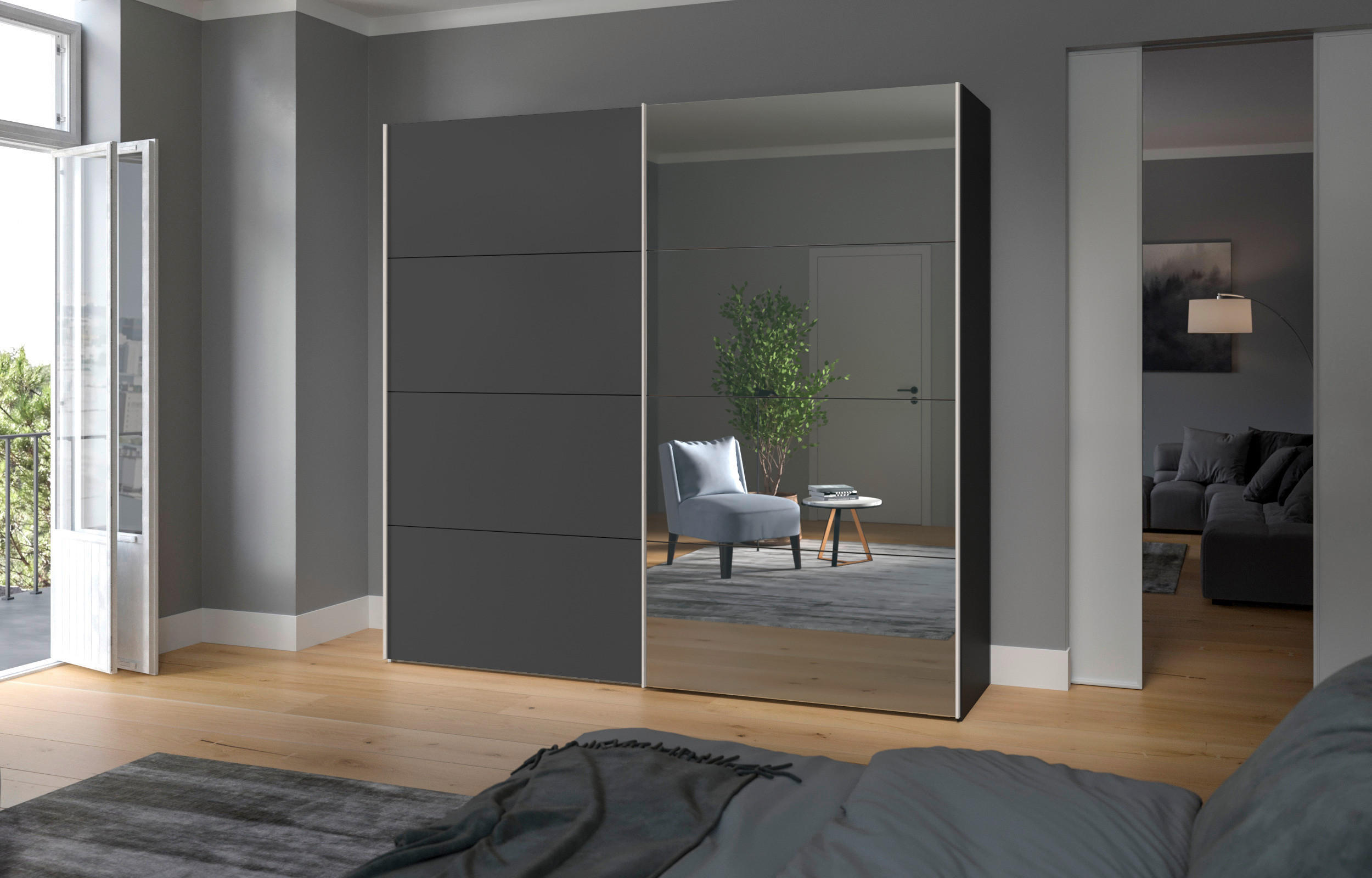 SCHWEBETÜRENSCHRANK in Anthrazit, Schwarz  - Edelstahlfarben/Anthrazit, Design, Glas/Holzwerkstoff (253/236/65cm) - Carryhome