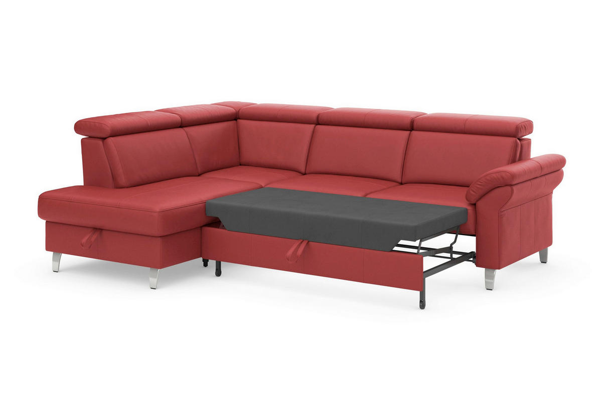 ECKSOFA ARNGAST E Rot Kombination Echtleder/Stoff Mikrofaser Bettkasten, Kopfteilverstellung  - Chromfarben/Rot, Basics, Leder/Textil (194/245cm) - Sit & More