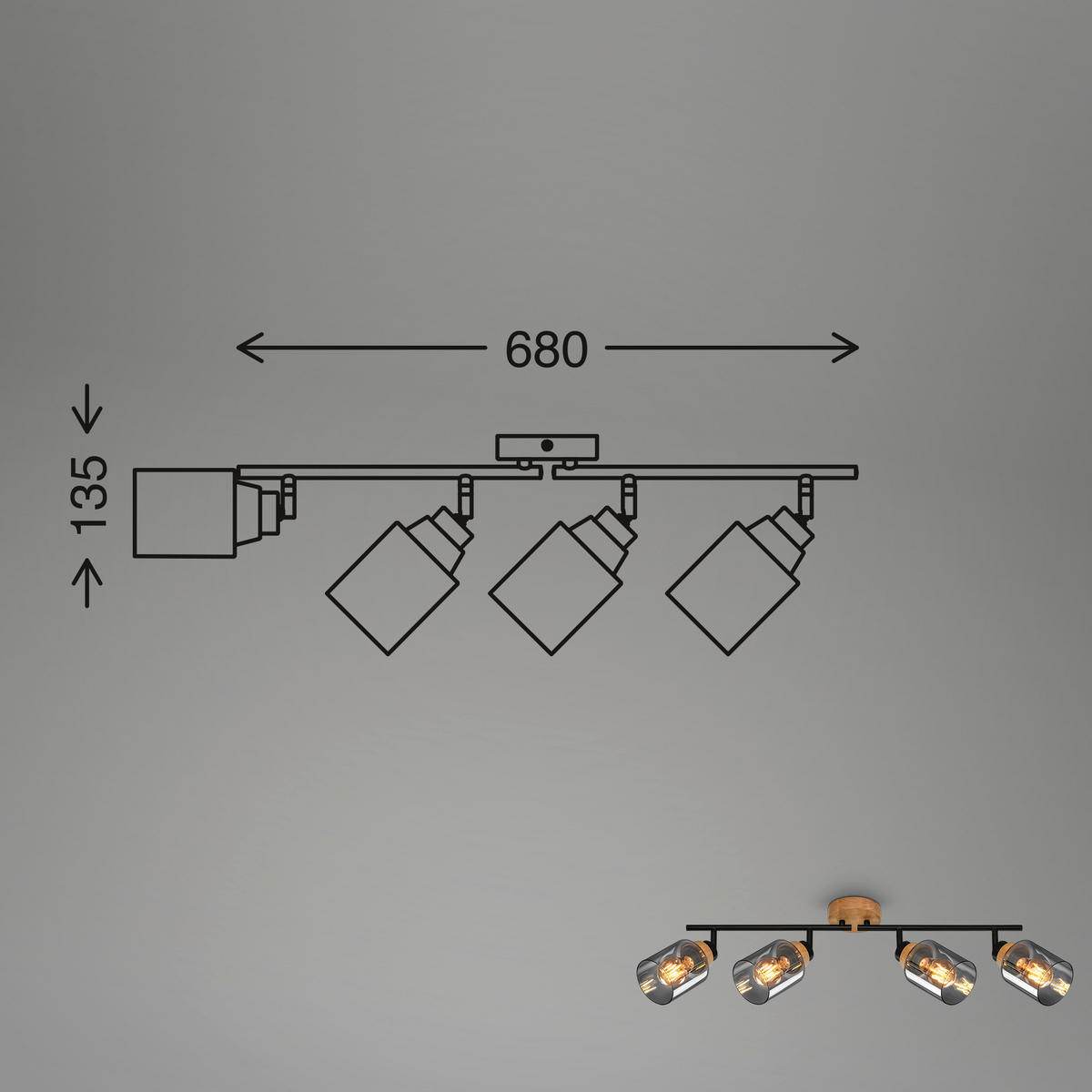 DECKENSPOTS 68/11/24 cm   - Eichefarben/Schwarz, Design, Glas/Holz (68/11/24cm)
