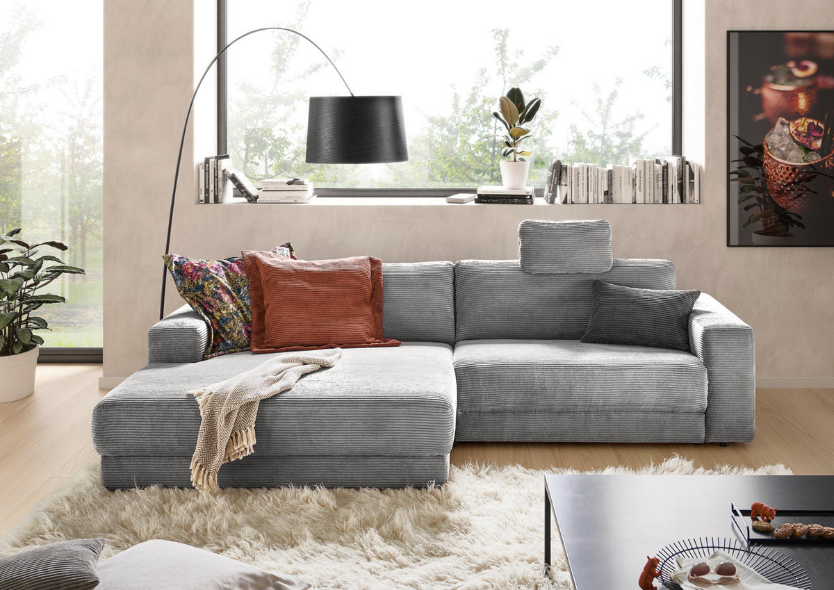 ECKSOFA in Cord Dunkelgrau  - Dunkelgrau/Schwarz, Design, Kunststoff/Textil (168/296cm) - Pure Home Lifestyle