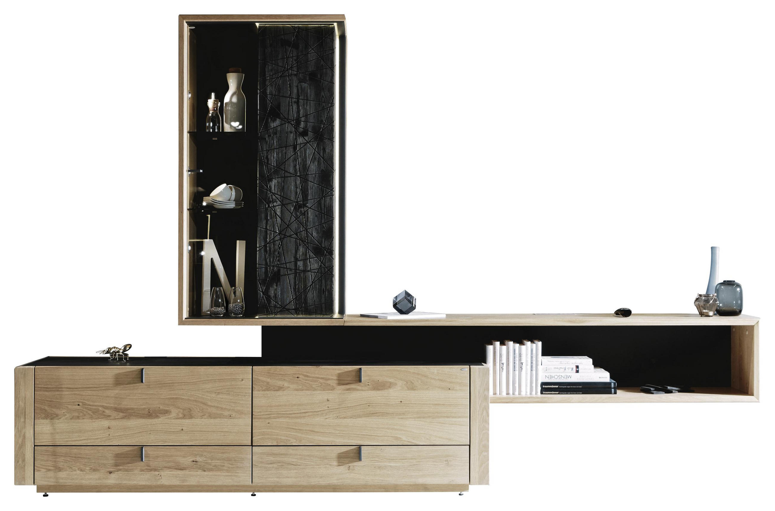 Wohnwand in Schwarz, Eichefarben