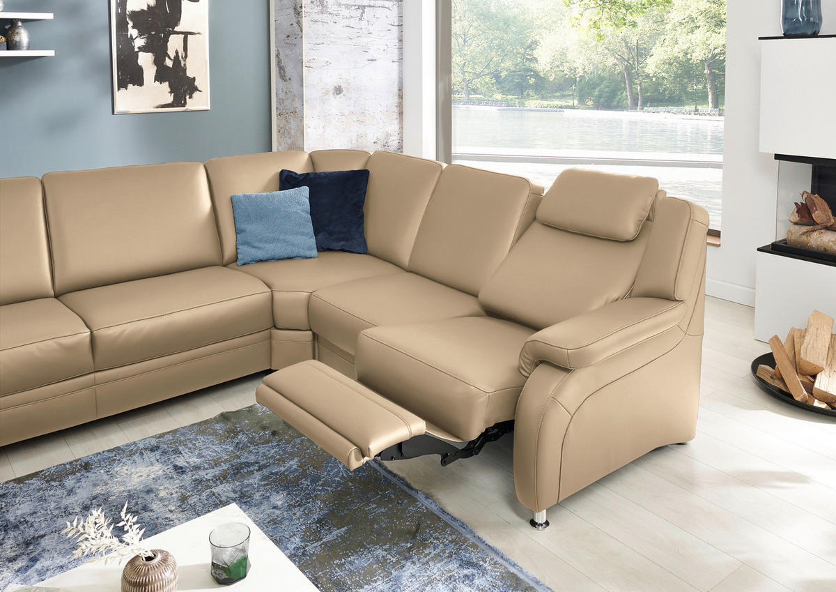 WOHNLANDSCHAFT Echtleder Beige  - Beige/Alufarben, Konventionell, Leder/Metall (165/329/239cm) - Beldomo Premium