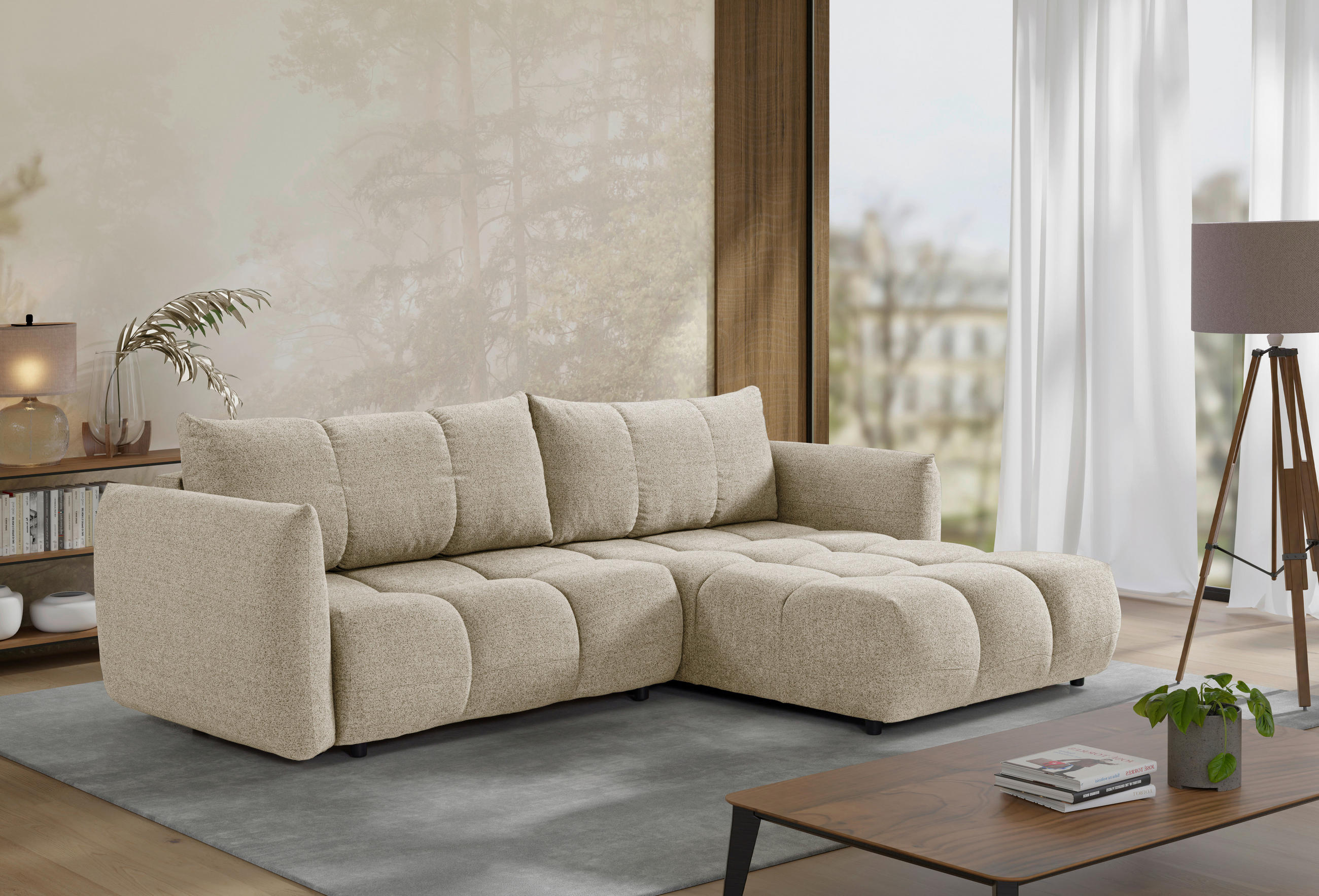 MID.YOU ROHOVÁ ROZKLÁDACÍ POHOVKA, plast, textil, kompozitní dřevo, cappuccino