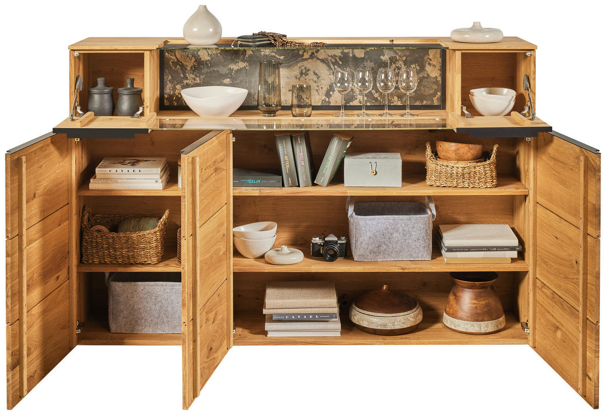 HIGHBOARD Eichefarben  180/119,3/39,5 cm  - Eichefarben/Schwarz, Natur, Glas/Holz (180/119,3/39,5cm) - Valnatura