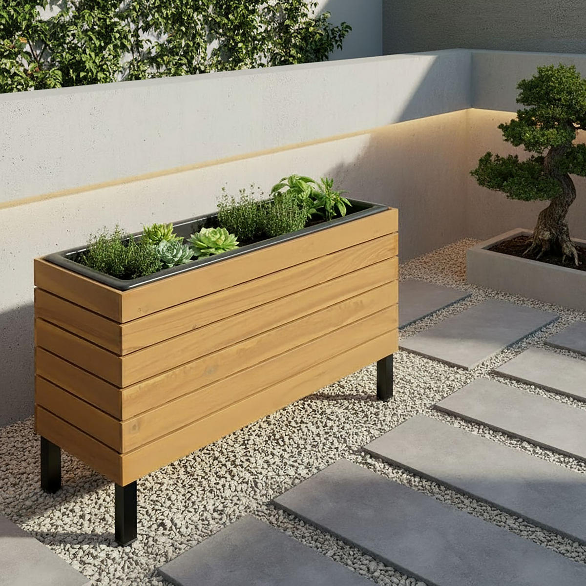 UZDIGNUTA LEJA - boja akacije/crna, Moderno, drvo/metal (69/41/26cm) - Bessagi Garden