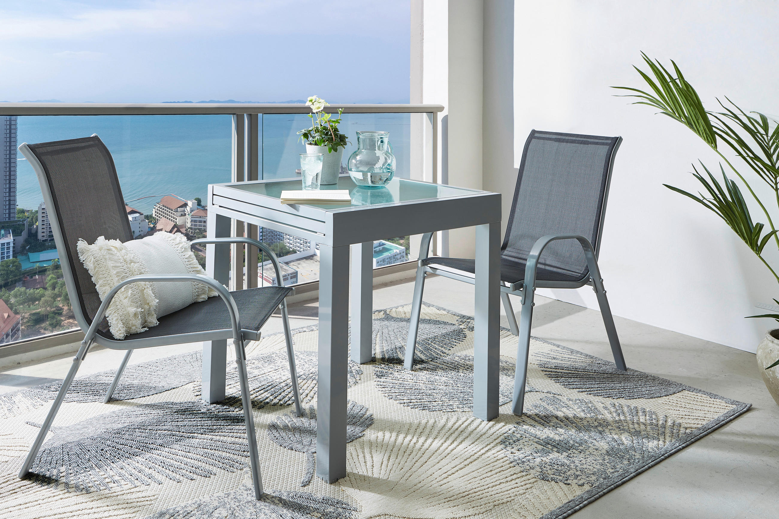 GARTENSESSEL-SET Metall, Textil Schwarz, Silberfarben  - Silberfarben/Schwarz, MODERN, Textil/Metall (54/94/73cm) - Ambia Garden