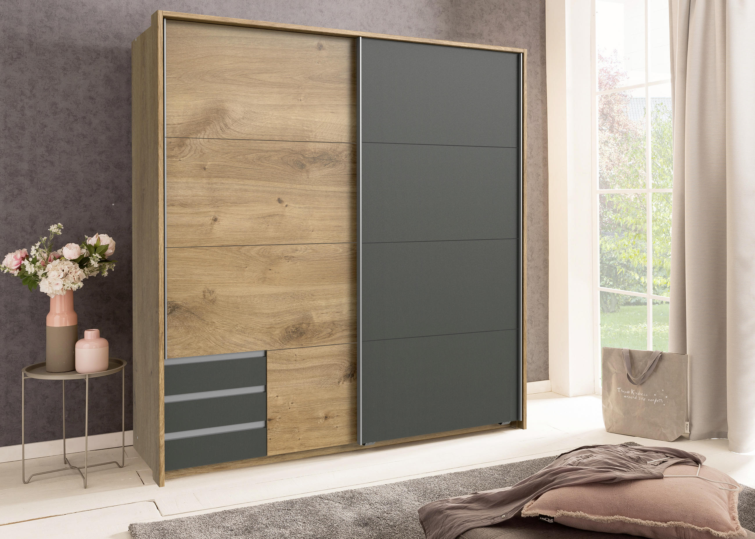 SCHWEBETÜRENSCHRANK 179/198/64 cm 2-türig Graphitfarben, Plankeneiche  - Plankeneiche/Alufarben, Design, Holzwerkstoff/Metall (179/198/64cm) - Boxxx