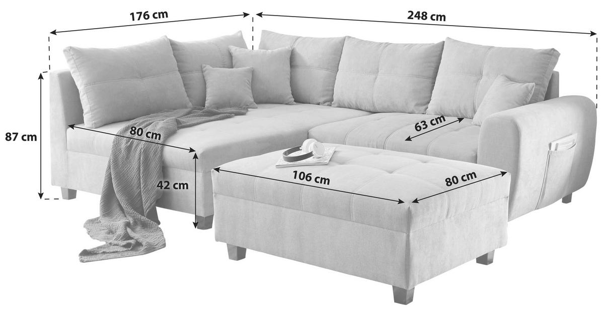 ECKSOFA inkl. Hocker Anthrazit Mikrovelours  - Anthrazit/Schwarz, Basics, Kunststoff/Textil (176/248cm) - MID.YOU