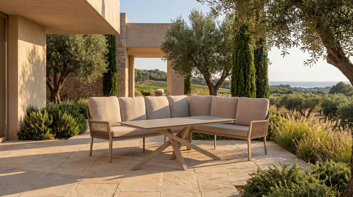 LOUNGEGARNITUR  - Weiss/Champagner, Modern, Textil/Metall (255/205cm) - Tierra Outdoor