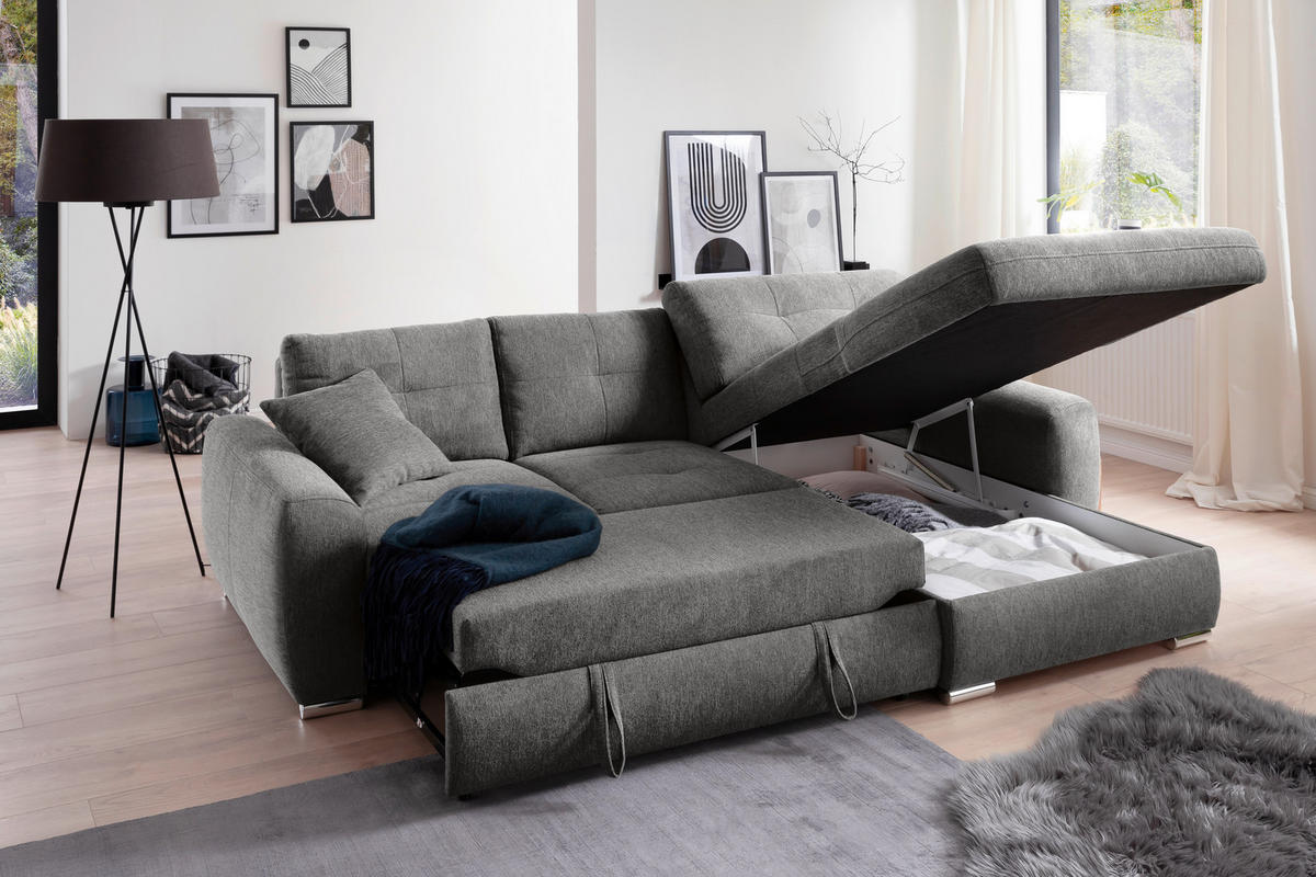 ECKSOFA in Mikrofaser Grau  - Chromfarben/Grau, Modern, Kunststoff/Textil (276/193cm) - Hom`in