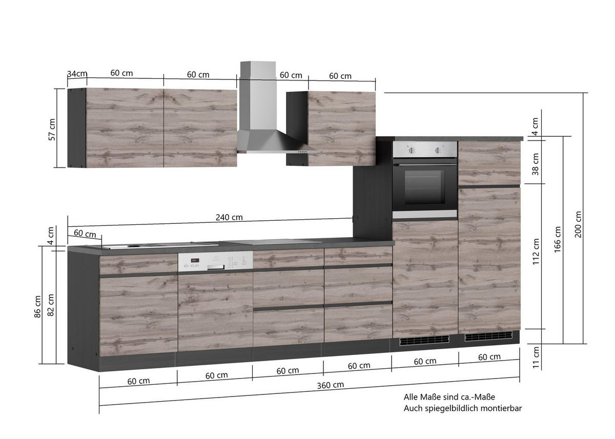 KÜCHENBLOCK 360 cm   in Graphitfarben, Eiche Wotan  - Eiche Wotan/Graphitfarben, Design, Holzwerkstoff (360cm) - Held