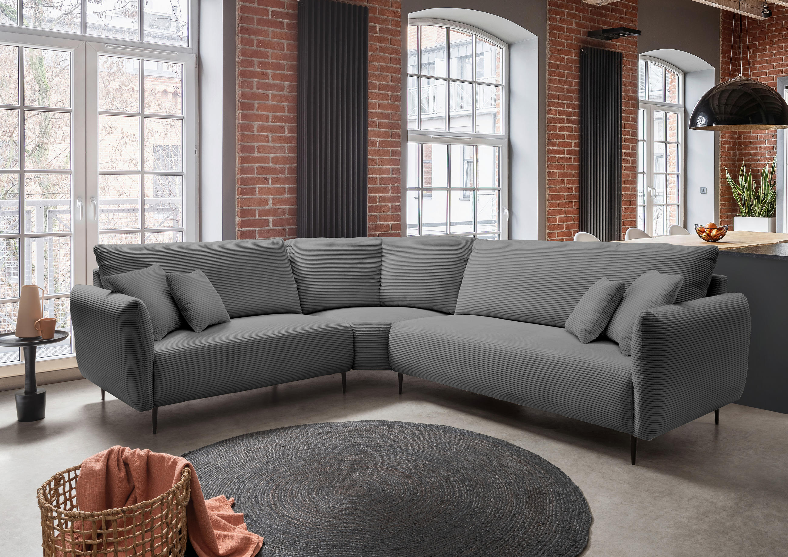 ECKSOFA in Cord Grau  - Schwarz/Grau, Design, Textil/Metall (256/294cm) - Livetastic