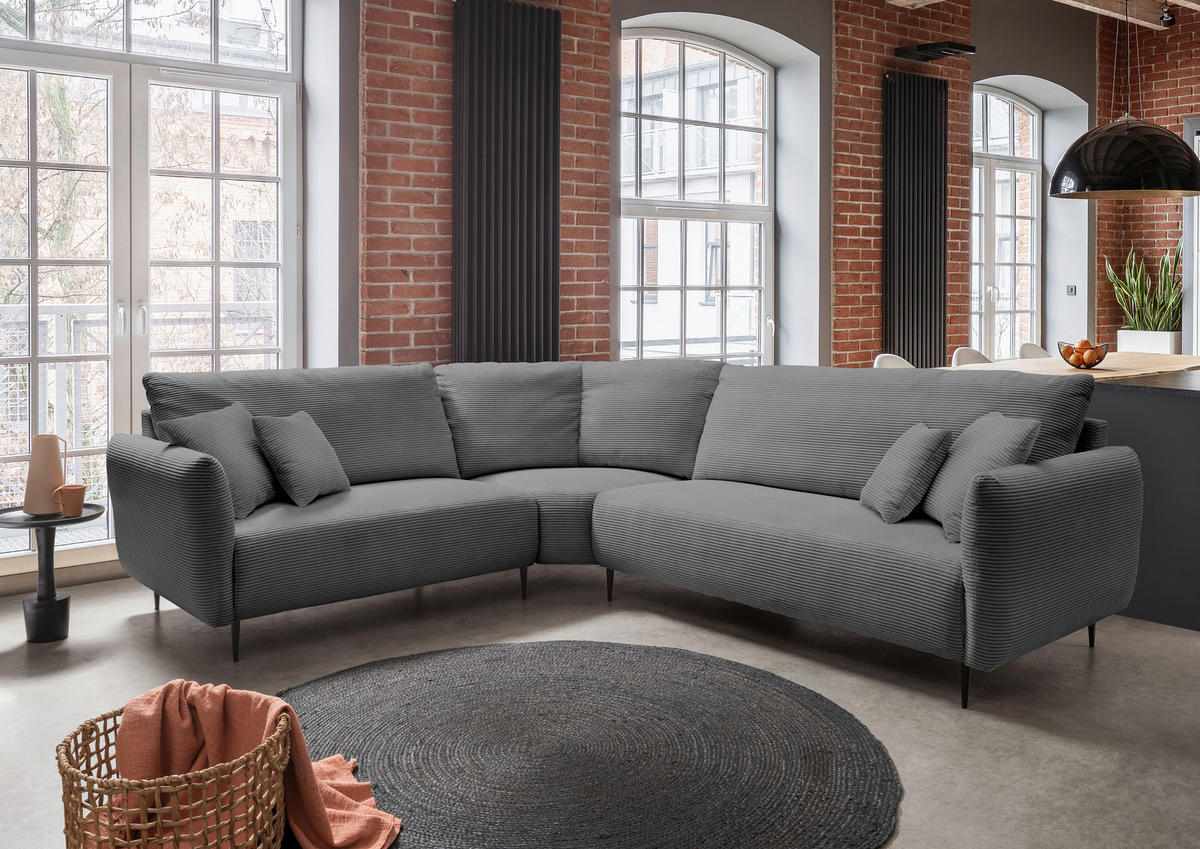 ECKSOFA Grau Cord  - Schwarz/Grau, Design, Textil/Metall (256/294cm) - Livetastic