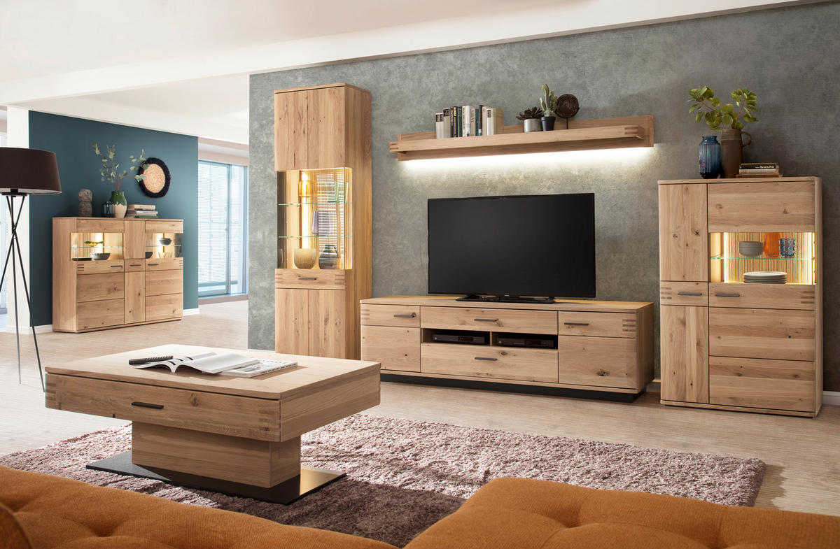 VITRINE  in furniert, massiv Balkeneiche Eichefarben - Eichefarben/Anthrazit, Design, Glas/Holz (60/208/37cm) - Livetastic