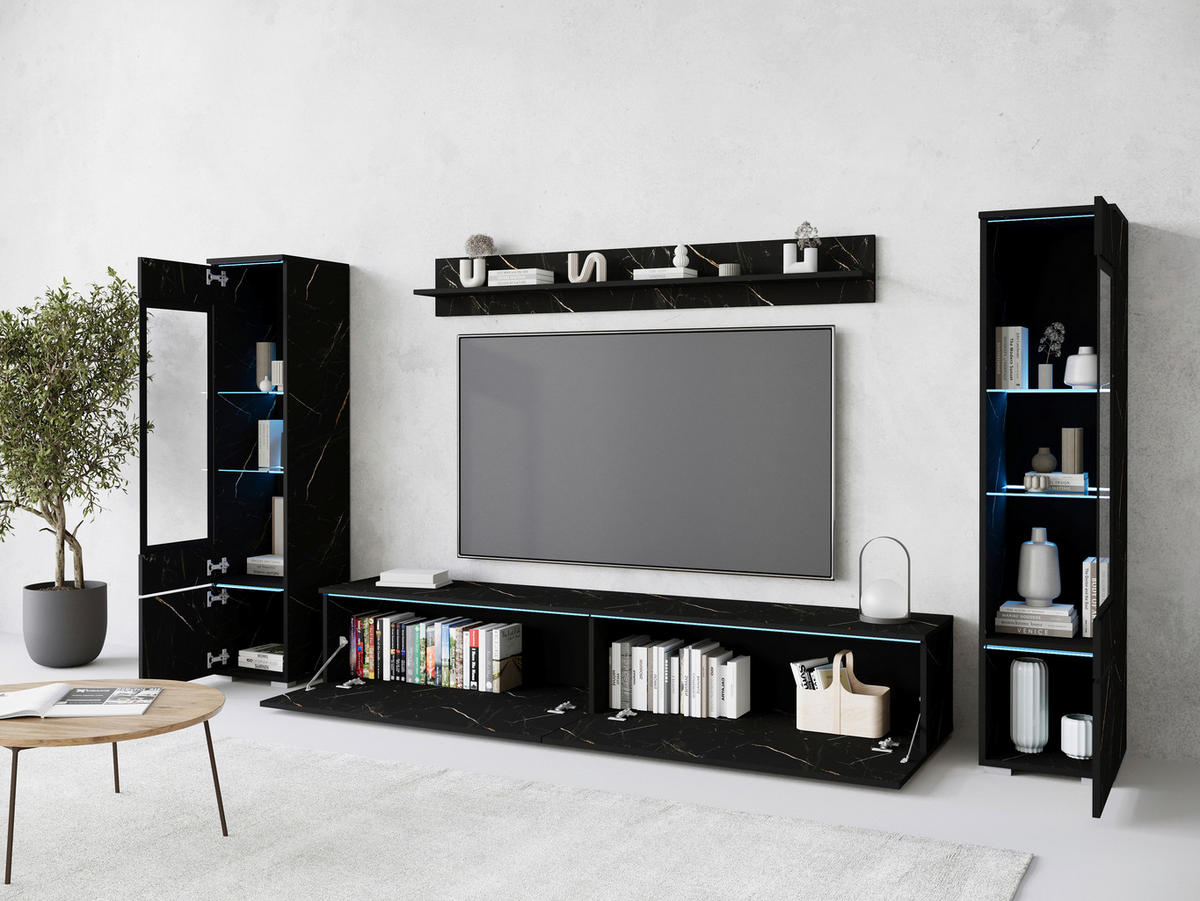 WOHNWAND Vera 4-teilig  in Schieferfarben  240/130/33 cm  - Schieferfarben/Grau, Design, Glas/Holzwerkstoff (240/130/33cm) - Livetastic