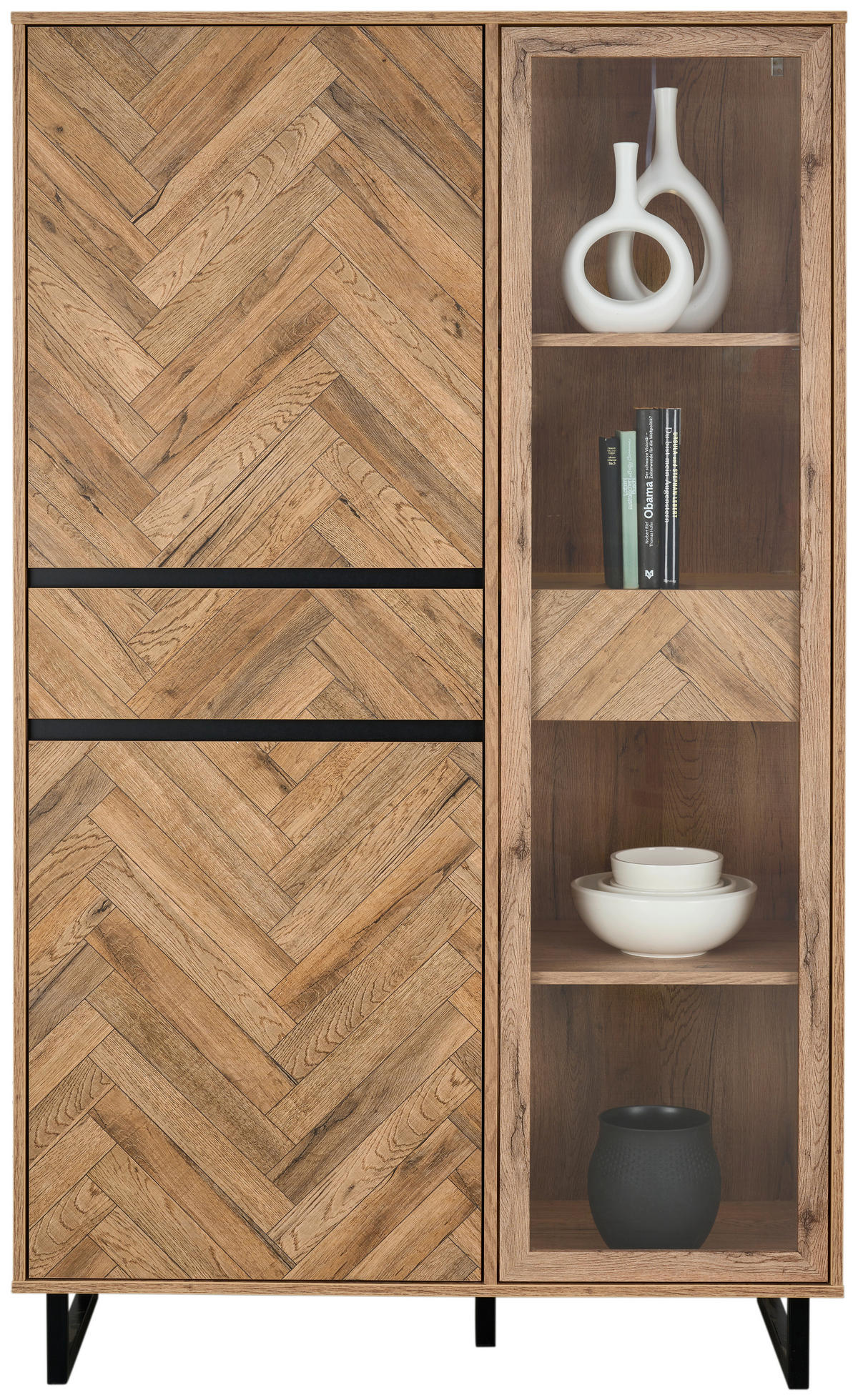 VITRINE in Schwarz, Eichefarben  - Eichefarben/Schwarz, KONVENTIONELL, Glas/Holzwerkstoff (99,9/165,8/42cm) - Hom`in