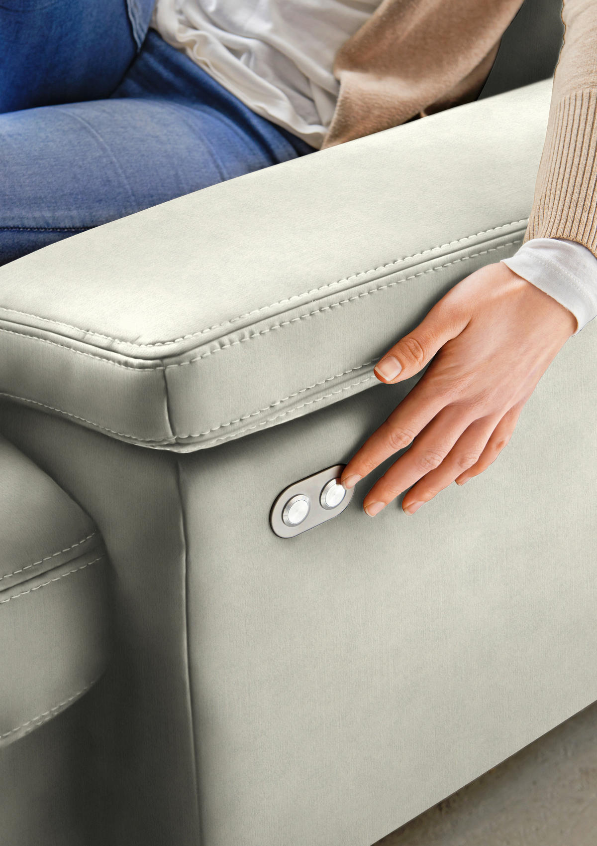 WOHNLANDSCHAFT in Velours Ecru  - Ecru/Eichefarben, Konventionell, Holz/Textil (167/316/235cm) - Beldomo System