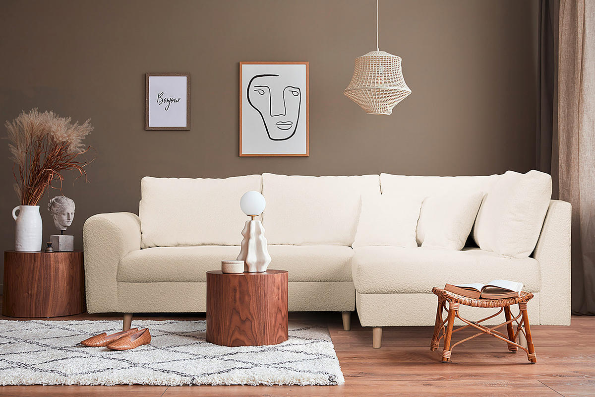 ECKSOFA Ariella Weiß Bouclé  - Naturfarben/Weiß, Design, Holz/Textil (231/161cm) - Livetastic
