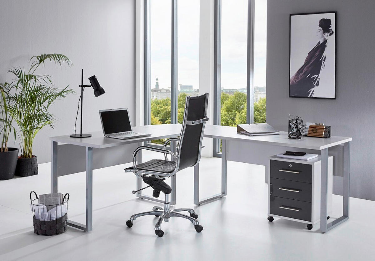 BÜRO Schreibtisch seitenverkehrt montierbar, abschließbar, erweiterbar, in verschiedenen Holz-Dekoren erhältlich Grau, Anthrazit Hochglanz - Anthrazit Hochglanz/Grau, MODERN, Holzwerkstoff - MID.YOU
