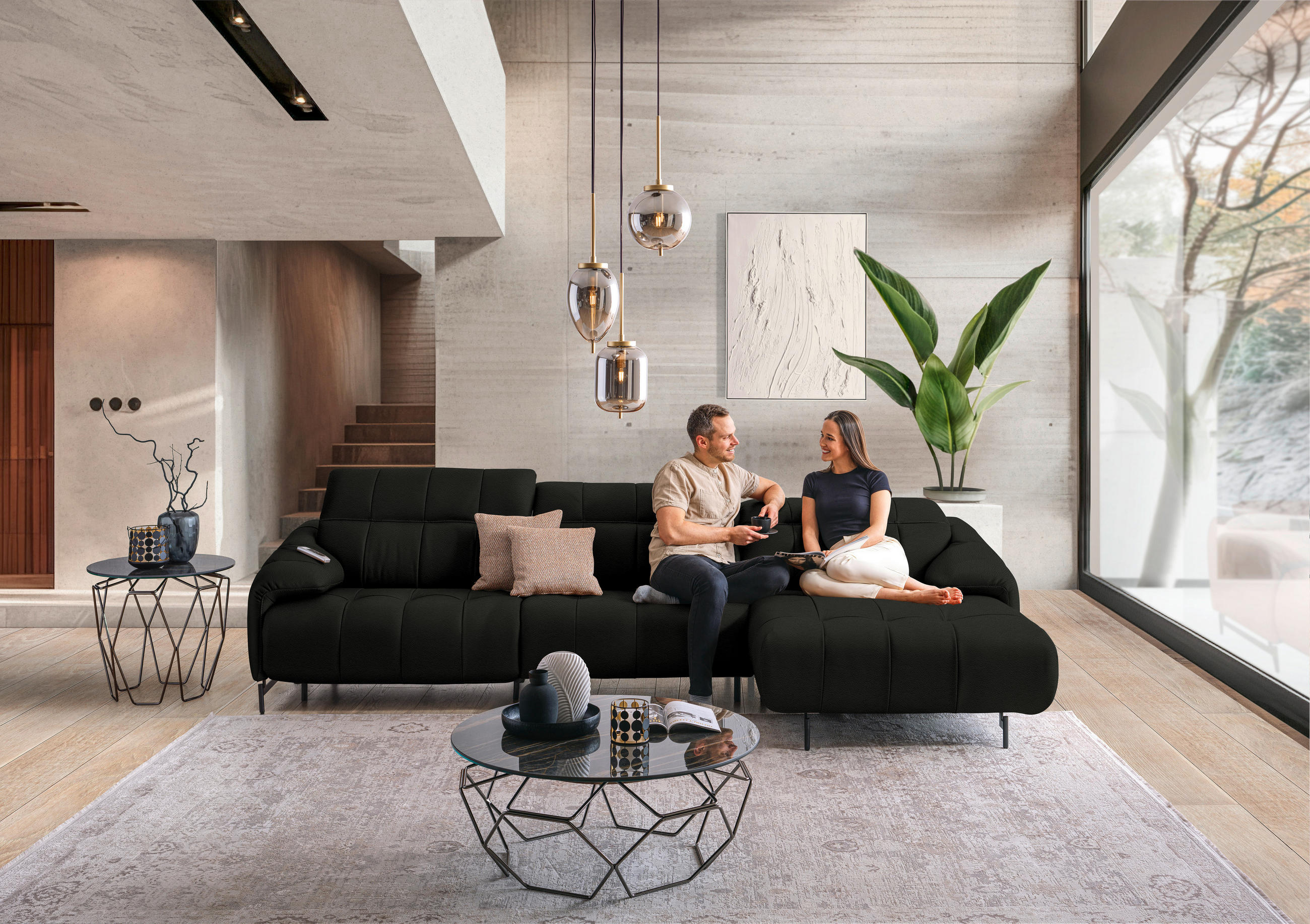ECKSOFA in Echtleder Dunkelgrau  313/165 cm  - Dunkelgrau/Schwarz, Design, Leder/Metall (313/165cm) - Emilio Belluti
