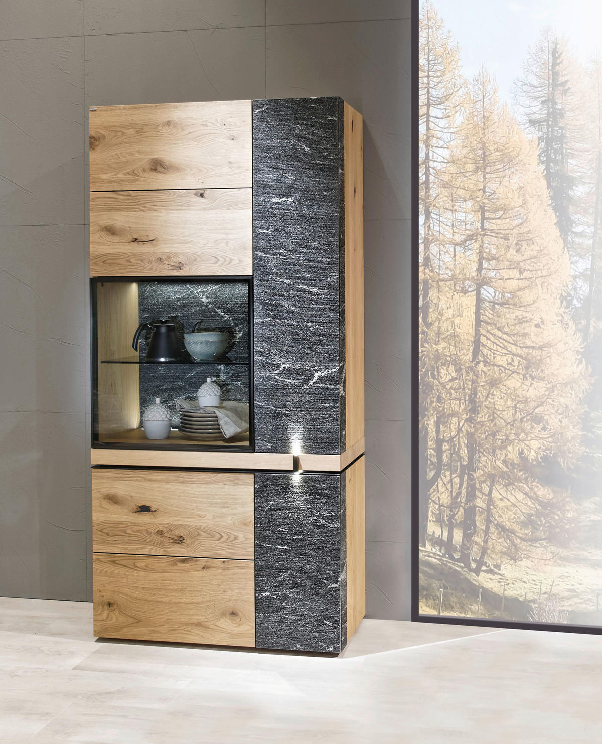 VITRINE in mehrschichtige Massivholzplatte (Tischlerplatte) Wildeiche Grau, Eichefarben  - Eichefarben/Grau, Design, Glas/Holz (96,2/201,6/43,2cm) - Voglauer