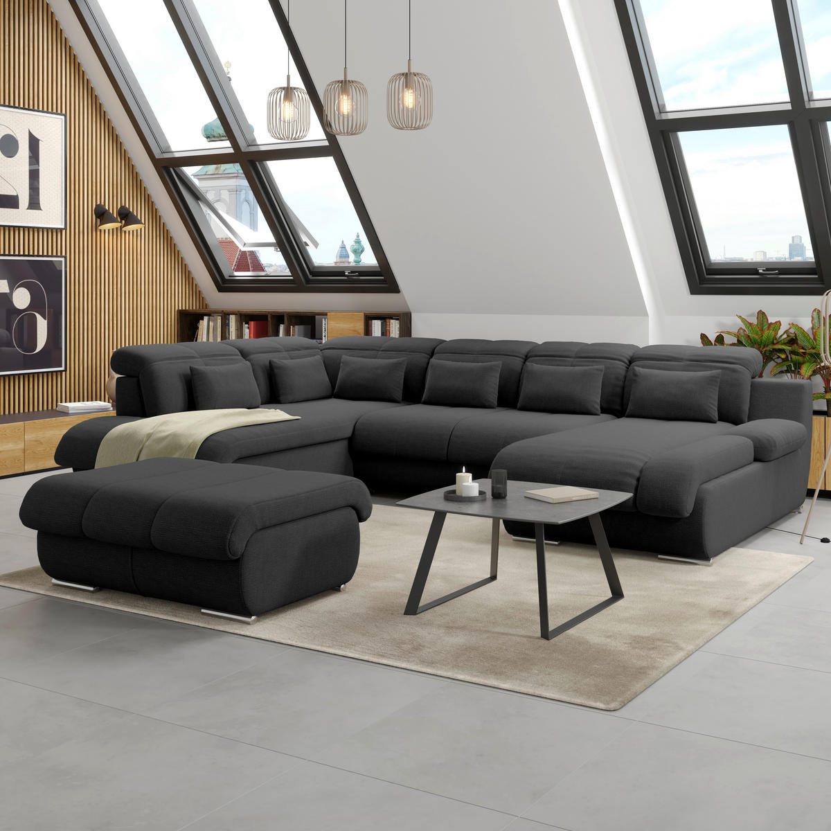 WOHNLANDSCHAFT MULTI Schwarz Chenille  - Chromfarben/Schwarz, MODERN, Textil/Metall (228/345/184cm) - Livetastic