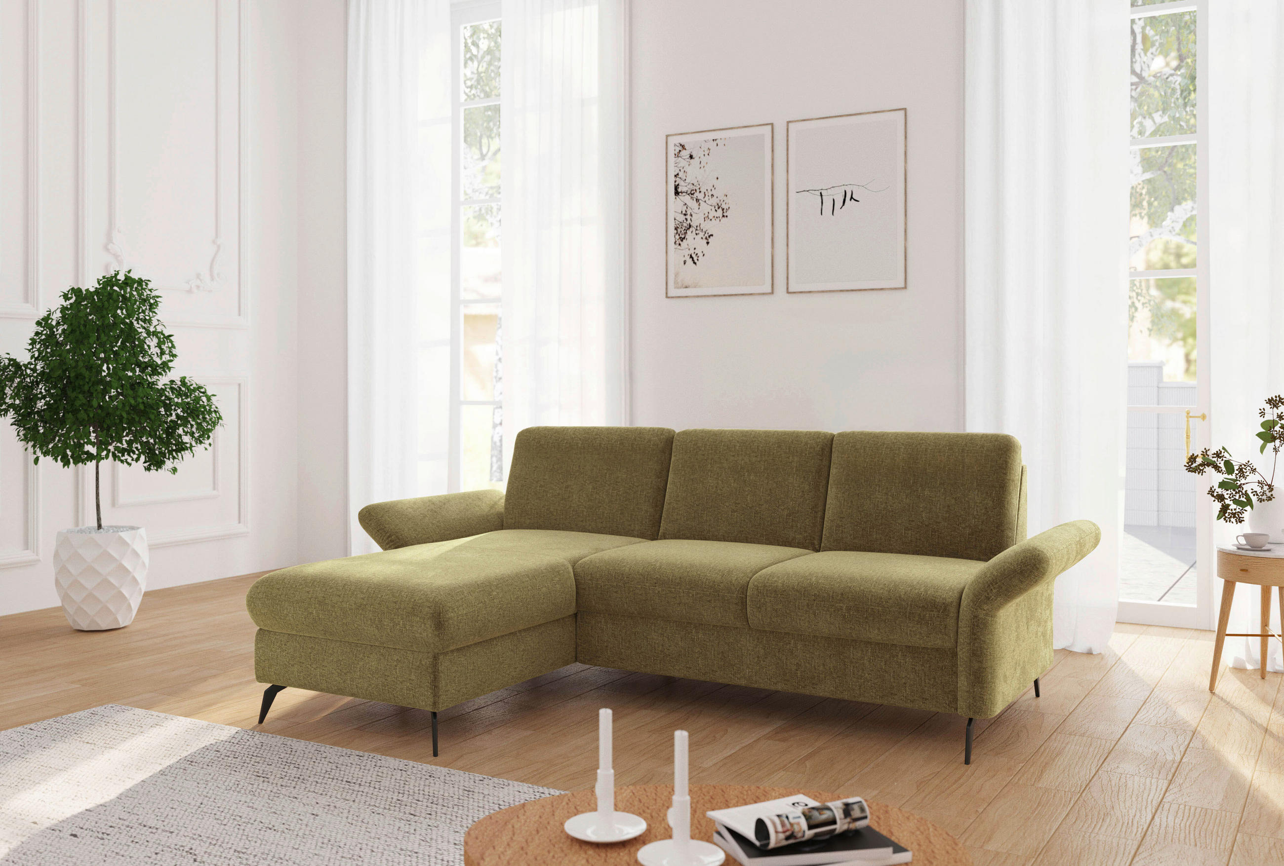 ECKSOFA ROCHELLE E Olivgrün Flachgewebe - Schwarz/Olivgrün, KONVENTIONELL, Textil/Metall (164/251cm) - Sit & More