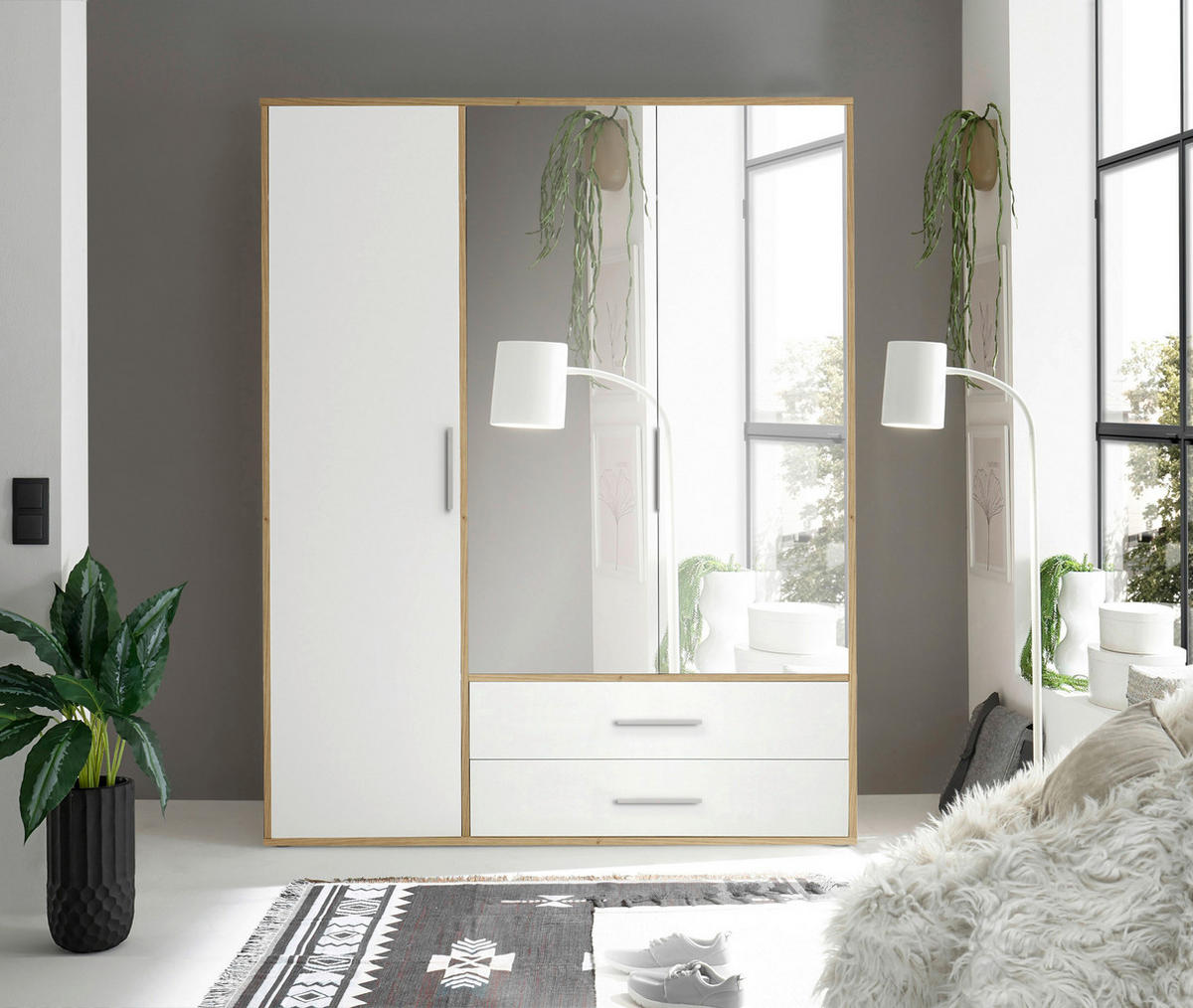 KLEIDERSCHRANK 155/195/60 cm 3-türig Weiß, Eiche Artisan  - Alufarben/Weiß, Basics, Glas/Holzwerkstoff (155/195/60cm)