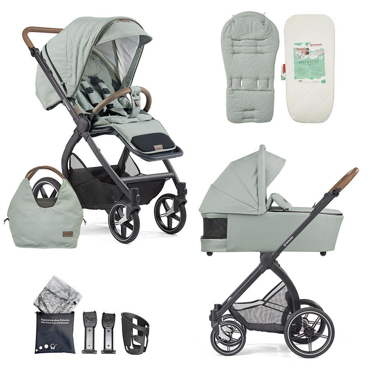 KINDERWAGENSET FX4 Swing Set  - Schwarz/Mintgrün, Basics, Textil (100/55/130cm) - Gesslein