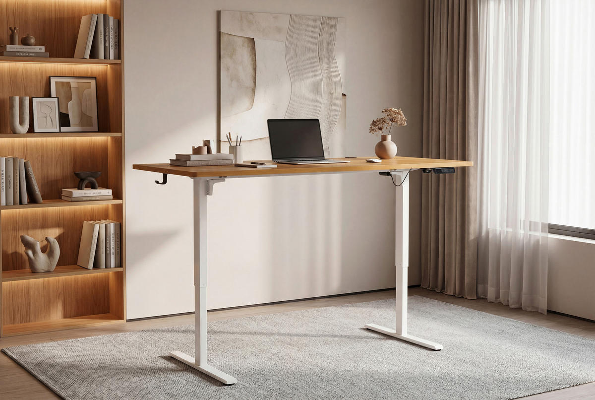 SCHREIBTISCH 160/80/72/118 cm Weiss, Eichefarben höhenverstellbar elektrisch höhenverstellbar  - Weiss/Eichefarben, Modern, Holzwerkstoff/Metall (160/80/72/118cm) - Livetastic