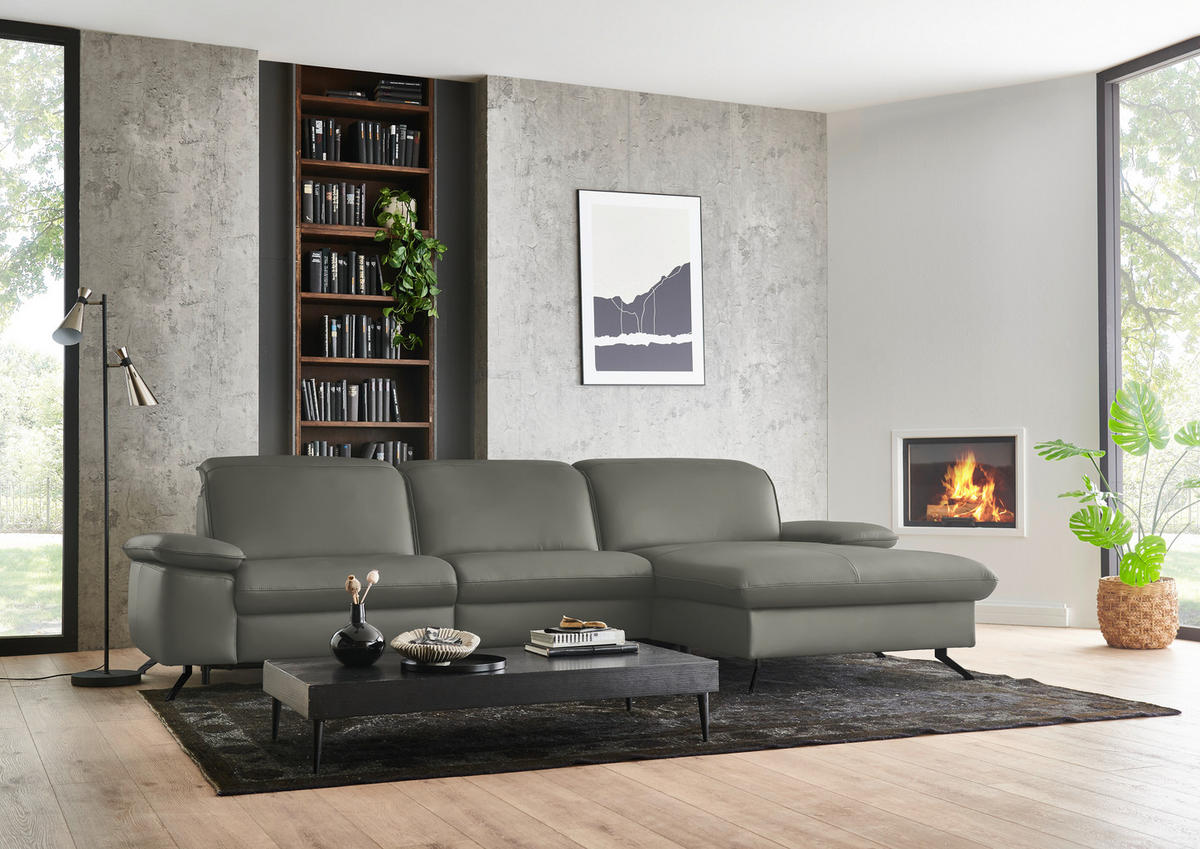 ECKSOFA  Echtleder Dunkelgrau  - Dunkelgrau/Schwarz, Design, Leder/Metall (307/169cm) - Beldomo Premium