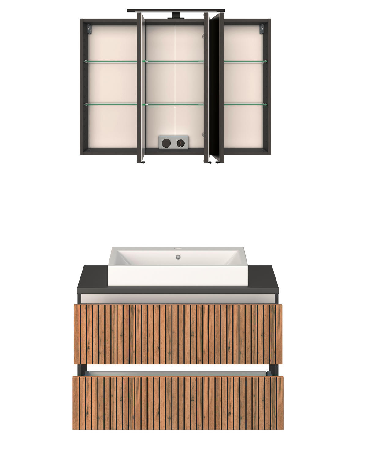 BADEZIMMER  in 90 cm  - Eiche Wotan/Graphitfarben, KONVENTIONELL, Glas/Keramik (90cm) - Xora