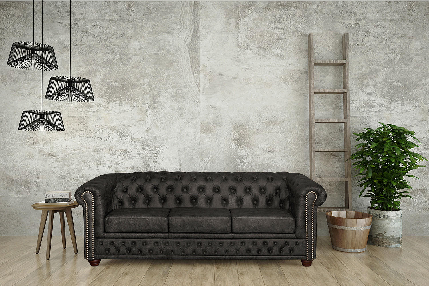 3-SITZER-SOFA YORK in Lederlook Schwarz  - Schwarz/Braun, Design, Holz/Textil (203/72/86cm) - P & B